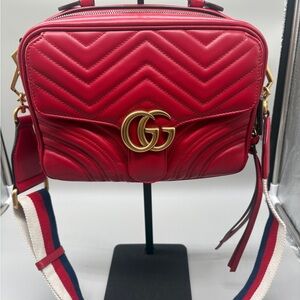 Authentic Gucci GG Marmont Small Top Handle Camera Bag Red Matelassé Web Strap